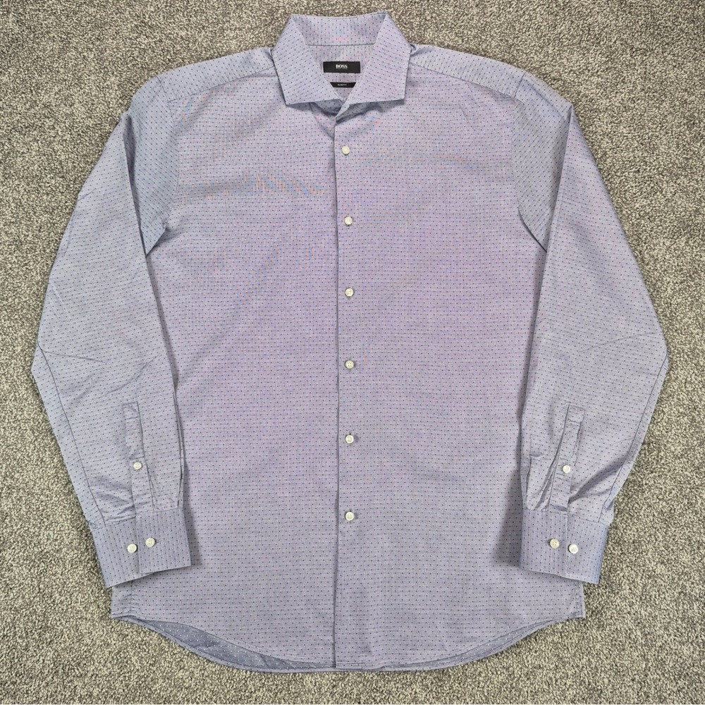 Hugo Boss Dress Shirt Mens 16 Purple Micro Dot Jason Slim Fit Long Sleeve Cotton